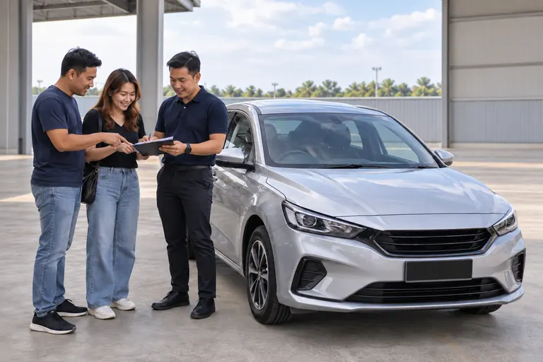 Tiga orang menyemak nota bersebelahan kereta pegun